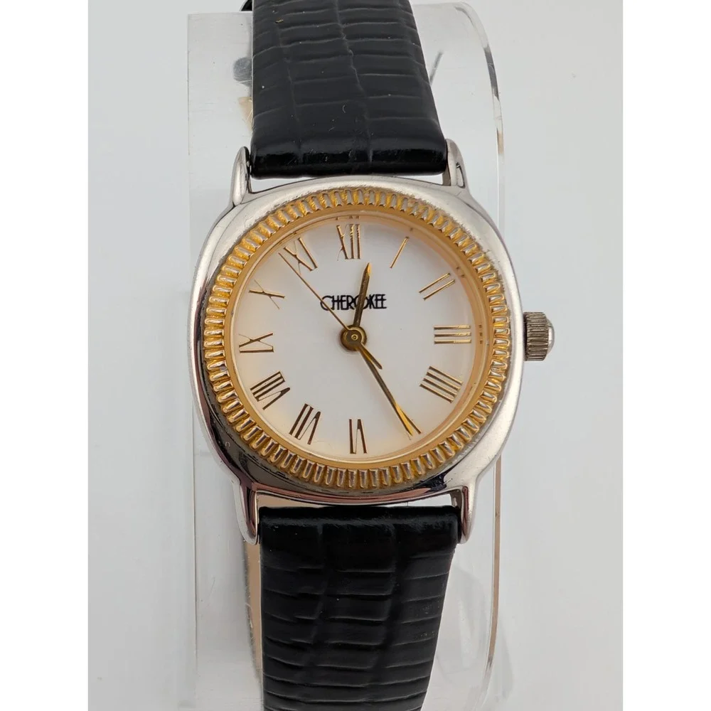 Vintage Cherokee Watch Women‎ 23mm Silver Case Black Leather Band- New Battery